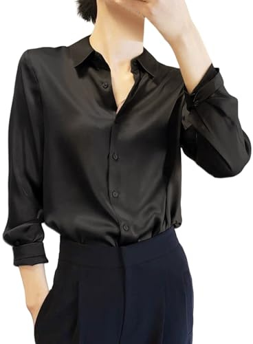 Satinblus damer elegant långärmad, damblusar elegant ledig, affärströja långärmad skjorta med knappar lätt luftig kontor blusskjorta V-ringad långtopp kontor satinblusar för fritid och vardag, svart