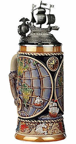 KING Bierkrug Weltkugel-Seidel, die vier Elemente am Fuss, Schiffdeckel 0,5 Liter Bierseidel