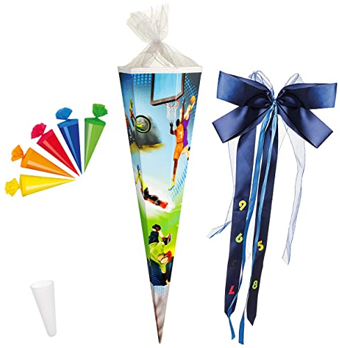 alles-meine.de GmbH Set Schultüte + 5 kleine Zuckertüten - Sport - Fußball/Basketball/Fahrrad Bike/Inline Skates - 85 cm - eckig - incl. große Schleife - Tüllabschluß..