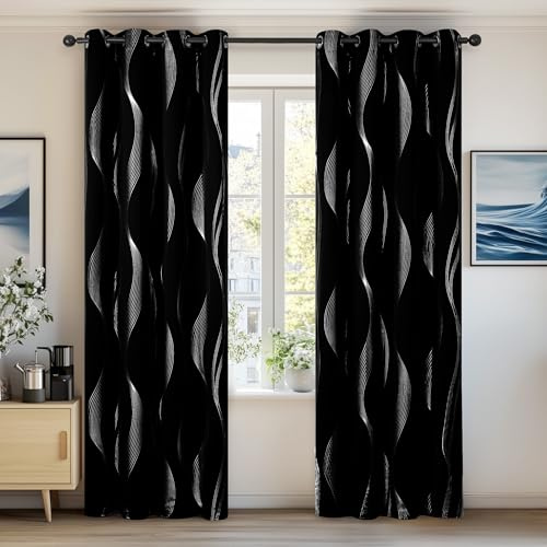 Deconovo Black Curtains Blackout 54 Drop Silver Wave Line Foil Printed Thermal Insulated Super Soft Window Treatment Eyelet Curtains for Bedroom 66 x 54 Inch Black Two Panels