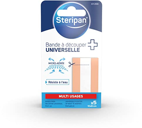 Steripan - Bande à Découper Universelle - Multi-Usage - Micro Aérée - Résiste à l'Eau - Compresse non collante - Hypoallergénique - 5 bandes 10x6cm
