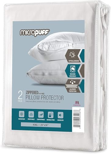MICROPUFF Zippered Pillow Protectors King - Soft Brushed Microfiber Pillow Covers, Noiseless and Hypoallergenic Pillowcases with Zipper (2 Pack, King 20x36)