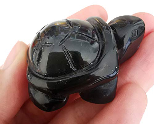 Lovionus89 Hand Carved Turtle Made of Natural Stone 40mm | Gemstone Figure Lucky Bringer | Pocket Stone handsmith Decoration | Feng Shui Gift, Schwarzer Obsidian