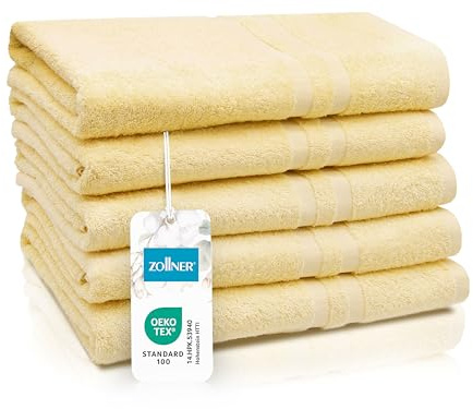 ZOLLNER 5er Set Duschtücher in 70x140 cm - Flauschige Badehandtücher aus Baumwolle - mit moderner Streifenbordüre - bis 60°C waschbar - mit praktischem Aufhänger - in gelb - Hotelqualität