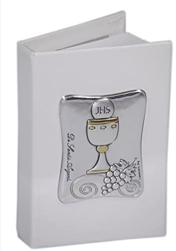 Lot de 10 bonbonnières Vangelo, 6 x 9 cm, première communion, en cuir écologique, blanc avec plaque en argent 925 %, motif calice fabriqué en Italie 3248/1.