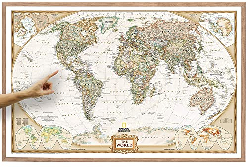 ORBIT Globes & Maps - Weltkarte mit Kartenbild von National Geographic - Pinnwand mit Holzrahmen, Aktuell 2025, 90x60 cm, englisch, Maßstab 1:46 Mio mit Fähnchen und Pins sowie Befestigungsmaterial