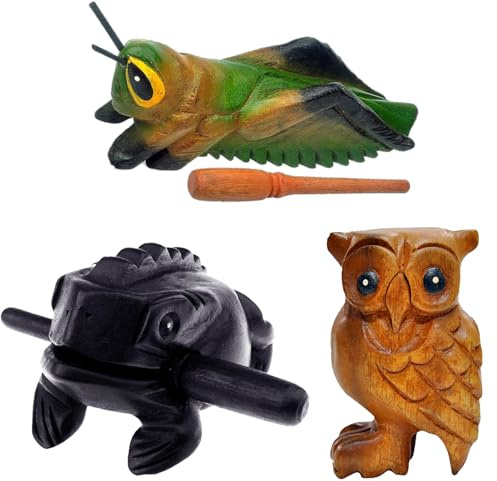 GOGHOST 3 Pcs Handmade Wooden Guiro Animal Set (Small), 3 Inch Wooden Frog, 4 Inch Wooden Cricket, and 2.3 Inch Wooden Owl Whistle, Guerrero Percussion Instruments Artistic Craft