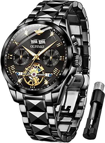 OUPINKE Herrenuhren Automatik Schwarz Mechanisch Selbstaufzug Skelett Luxus Saphirkristall Diamant Wolframstahl Wasserdicht Business Kleid Uhren Geschenke