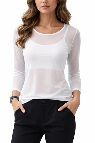 Haut Femme Mesh Transparent Manches Longues, Top Tulle Seconde Peau, Idéal Superposition Avec Caraco, Look Chic Soirée