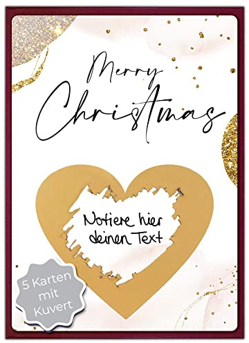 Joli Coon 5 Weihnachtskarten Merry Christmas Rubbellos, mit Kuvert | 350g Designerpapier, fühlbare UV-Lack-Veredelung, Natur-Steckkuvert mit Herz, für persönliche Weihnachtsgrüße