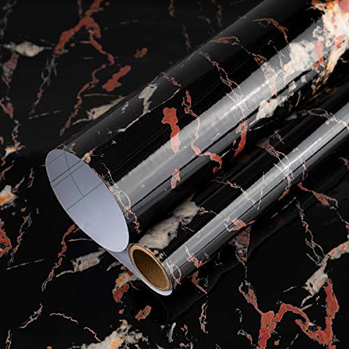 JSEVEM 40CMx9M Schwarz Weiß Orange Marmor Tapete Selbstklebend | Marmorierte Wasserfest Möbel Klebefolie Steinoptik Selbstklebende Granit Möbelaufkleber Möbelfolie Marmoroptik Wandaufkleber