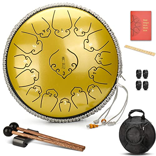 Zungentrommel Schlagzeug, 15 Tone 14 Zoll C-Dur Tongue Drum, Steel Pan Töne Schlaginstrument Kinder Hand Pan Drum Mit Tasche Fingerpick Schlägel Für Meditation Yoga Klangheilung,Gold