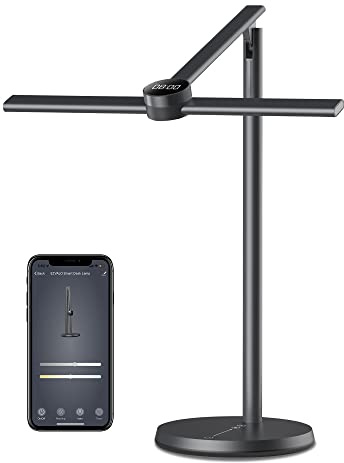 EZVALO Smart Desk Lamp with APP Control,Eye-Caring Auto-Dimming Led Desk Lamp,3 Color Temperature, Works with Alexa&Google Assistant, Study Lamp with Clock, Desk Lamps for Home Office Reading,Studying