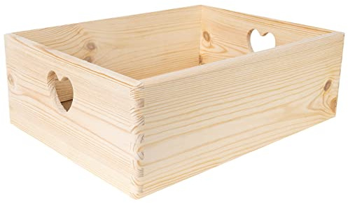 Creative Deco Große Holzkiste Obstkiste Korb | 40x30x13cm (+/-1cm) | Herzförmigen Griffen | ohne Deckel | Hölzernen Kasten Unlackiert Holzbox Kiste | Für Dokumente Ostern Spielzeuge Werkzeuge