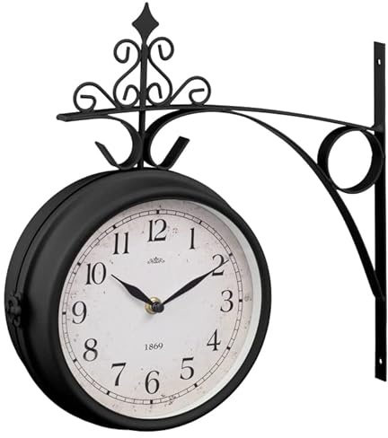 Bloomingtons Direct Garden Station Clock with Bracket Double Sided with Waterproof Cover, Vintage Antique-Look Wall-mounted for Indoor & Garden, Hanging Décor, Premium Metal Materials, Black