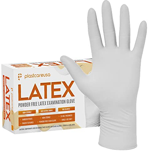 PlastCare USA 100 Small Latex Exam Gloves White - Powder-Free, Disposable, Non-Sterile, Textured Grip for Enhanced Sensitivity and Control