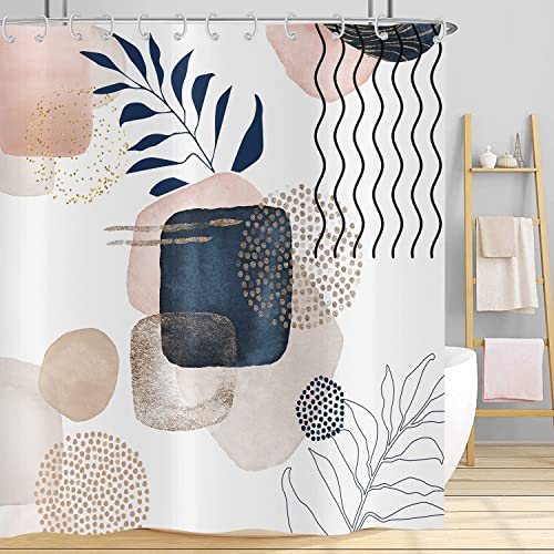 Hnmdmyi Duschvorhang Boho 180x240, Abstrakte Mid Century Badewanne Vorhang Rosa Marine Blau Modern Minimalistisch Ästhetisch Geometrisch Neutral Pflanzen Kunst Wasserdicht Stoff Waschbar Badevorhang