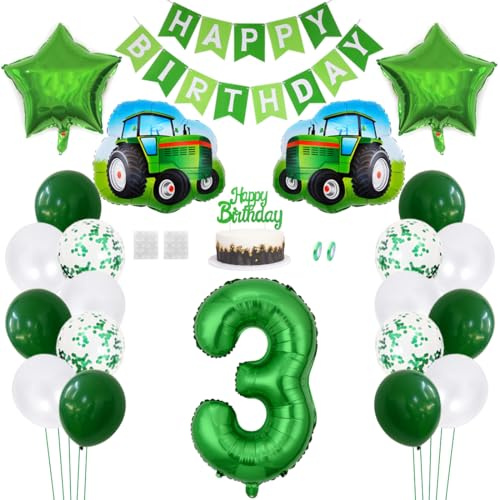 Daimay Traktor Geburtstag Deko 3 Jahre Auto Foil Balloon Happy Birthday Banner Trecker Luftballons Bauernhof Geburtstagsdeko Grün Folienballon Traktor Bagger Tortendeko für Jungen Party Dekoration