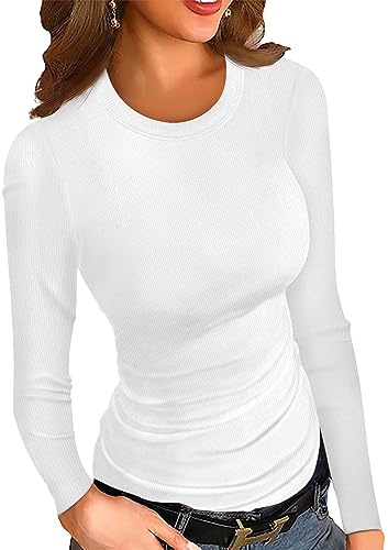 Ninee Damen gerippt Langarm Shirts Crewneck Fitted Slim Fit Basic Lässig Tops(White,Large)