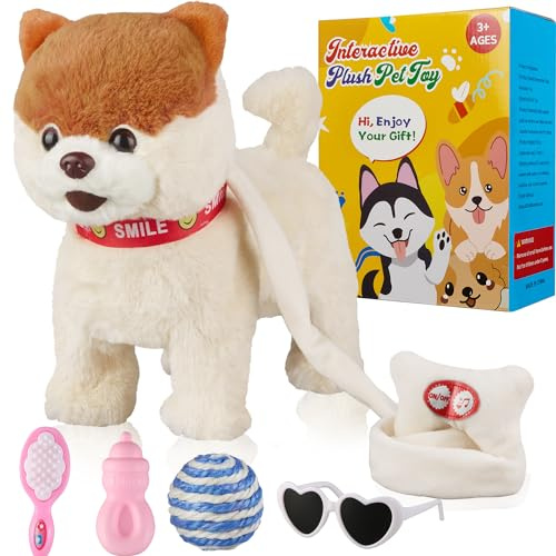 Marsjoy Walking Dog Toy Musical Singing Dancing Plush Interactive Dog Walk Along Puppy with Leash Dog Robot Volume Adjustment Stuffed Animal Shaking Toy for Boy
