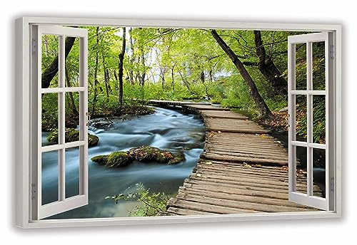 HUBDECO Leinwandbild Fensterblick Wald Potok Bild 120x80 cm - Landschaftsbilder auf Leinwand - Wandbilder Wohnzimmer - Bild Fenster mit Ausblick - Aesthetic Room Decor - Wanddeko Schlafzimmer