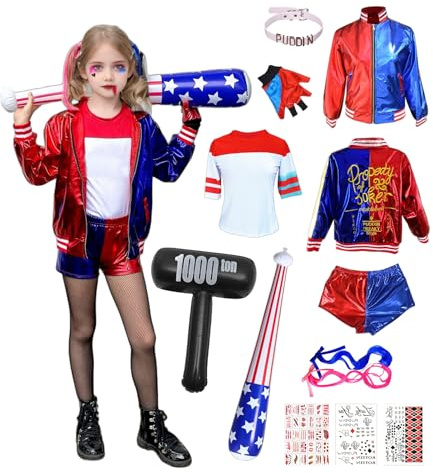 ChouGlow Quinn Kostüme,Mädchen Bösewicht Suicide Kostüm Mädchen Cosplay Costume für Halloween Weihnachten Karneval Joker Cosplay (Kinder, 120)