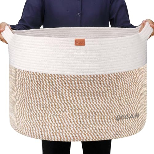 GOCAN Grande cesto per la biancheria portaoggetti per giocattoli D55x35 cesto per coperte Cestini intrecciati in corda di cotone con manici per soggiorno (marrone/beige) XXXL