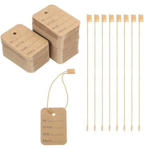 QUARKZMAN Preisschilder und Anhängeetiketten für Kleidung, 2x1.4 braune Fadenschilder für Kleidung, Einzelhandelsgeschäft, 250er Set