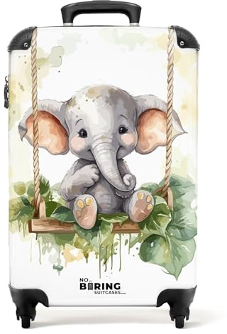 NoBoringSuitcases© Koffer Kinder Groß Reisekoffer Kinderkoffer 4 Rollen | 67x43x25 cm - Leicht Trolley Große M Hartschalenkoffer für Jugendliche Elefant - Schaukel - Blätter