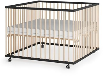 Sämann Laufstall Baby 100x100 cm mit Matratze SleepPlus und 3 Schlupfsprossen| TÜV geprüft | stufenlos höhenverstellbar | Laufgitter Premium | Babybett aus Holz | Krabbelgitter schwarz/natur