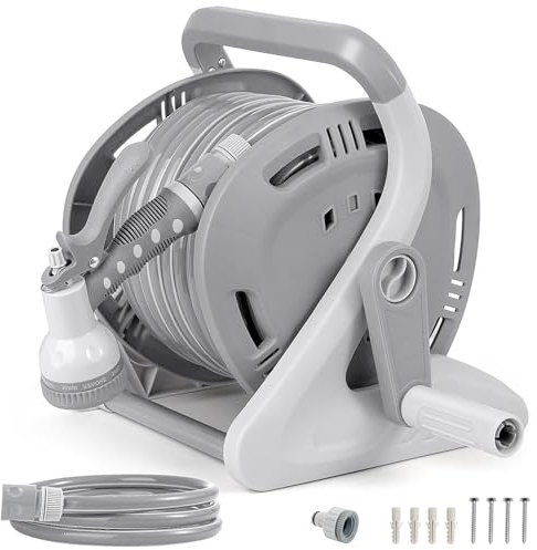 FLORA GUARD Wand-Schlauchtrommel mit 20+2 m 1/2Schlauch，3/4 auf 1/2 Adapter, UV-beständiger, Robuster Mobile Schlauchaufroller Außenbereich,9 Düsenmuster, Schloss in beliebiger Länge