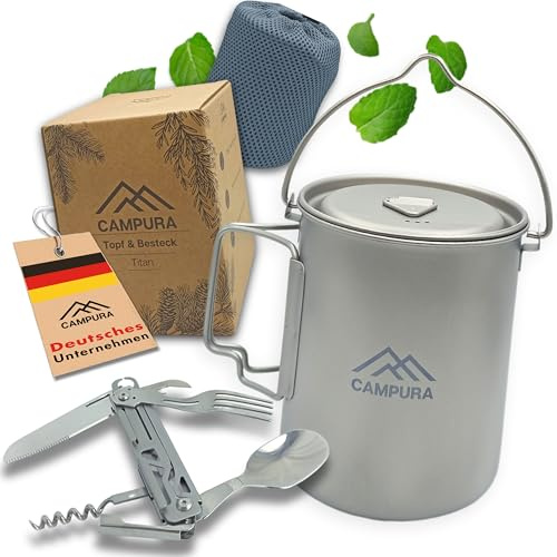 Campura Titan Topf Outdoor inkl. 5-in-1 Edelstahl Klappbesteck - Ultraleicht 146g für Trekking & Bushcraft - 750ml, faltbar - Camping Geschirr Titanium Survival Topf