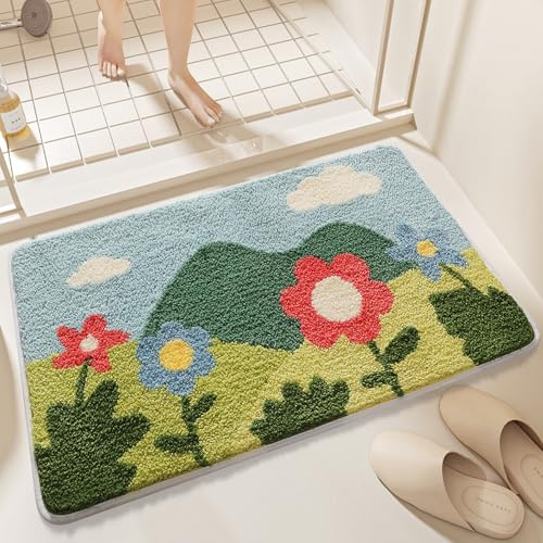 Trlyane Alfombra para Baño, Alfombrillas de Baño Antideslizantes para Baño Flor de Primavera, Alfombra de Baño de Microfibra Suave, Tapete Súper Absorbente para Sala de Estar, Ducha,50x80cm