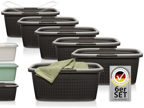 Hausfelder Wäschekorb, 6er Set, 58x37x25cm, Anthrazit-Schwarz | Wäschekorb mit Henkel 35L, Wäschewanne 6er Set aus Kunststoff 58x37x25cm, stapelbar mit Griff