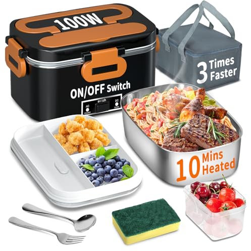 Scatola per il pranzo elettrica da 100 W, 3 in 1, portatile e riscaldante, in acciaio inox, 12 V/24 V/220 V, per auto, camion, ufficio, con borsa termica (arancione e nero)