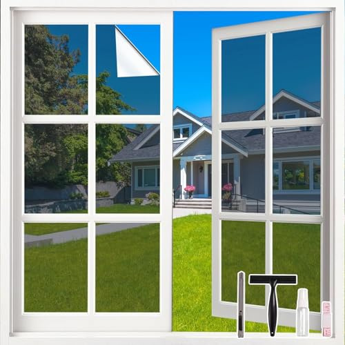LEMON CLOUD Spiegelfolie Silber - Sonnenschutzfolie Fenster innen, Sichtschutz Fensterfolie von aussen Blickdicht Durchsichtig, Statische Selbstklebend, 44,5 X 400 cm mit Werkzeug | Sichtschutz Fensterfolie Blickdicht Durchsichtig Statische Selbstklebend Fenster Folie für Wohnzimmer Schlafzimmer Küche Büro