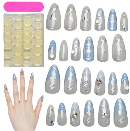 Press on Nails Light Blue - Acrylic Medium Press on Nails,Manicure Stickers, Women Hand Beauty Supplies, Glue on False Accessories for Home School