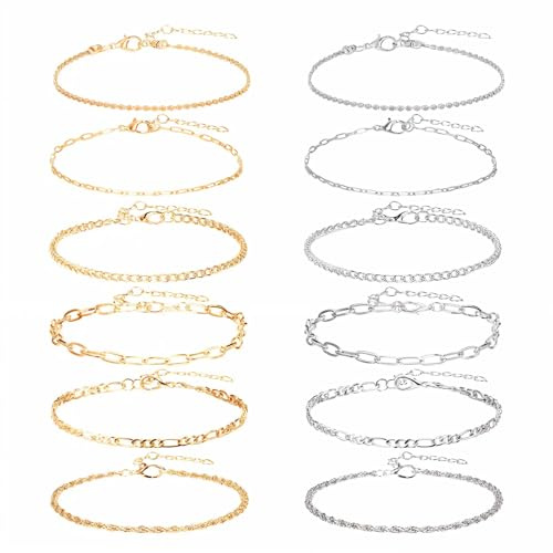 KFHENSOMR 12pcs Gold/Silver Ankle Bracelets for Women Layered Waterproof 14k Cuban Link Chain Anklets Set Adjustable Dainty Summer Beach Gold Accessories Boho Bracelet Jewelry