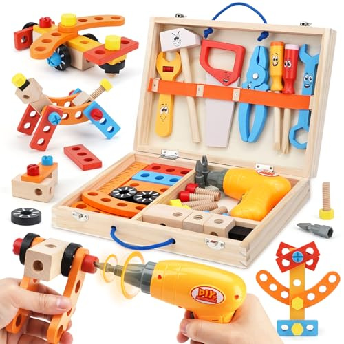 Juguetes Niños 3 Años Caja Herramientas con Eléctrico Juguetes de Madera Educativos Regalos Niños Niñas 3 4 5 6 Años (39Piezas)