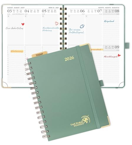 POPRUN Agenda 2026 Semana Vista Espiral Medio 21,5 x 16 cm, Tapa Dura en Planificador 12 Meses de Ene 2026 a Dic 2026, Regla de Plástico, 100 GSM Papel, Verde Medianoche
