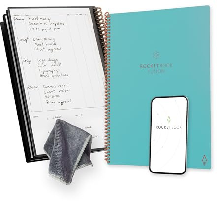 Rocketbook Fusionsplanerare återanvändbar digital anteckningsbok, brevstorlek 21 cm x 29,7 cm, blågrön – månads- och veckokalender, To-Do Daily List, Randiga och prickade sidor
