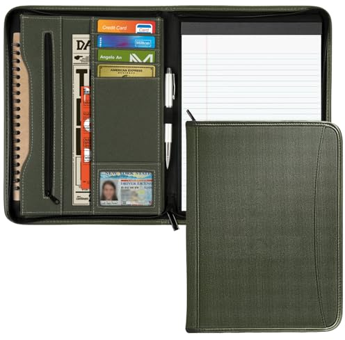 Gorbado Zippered Portfolio Organizer/ A4 Refillable Lined Writing Notepad Folder Case/Fabric-Covered Padfolio Binder with Interior Storage Pocket for Men Women.Dark Olive