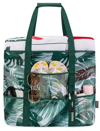 KABAQOO Strandtasche XXL Familie Badetasche mit Reißverschluss Shopper Tasche Damen Groß Mesh Schwimmtasche mit Fächern Strand Must Haves, Mittel Kokosnussbaum