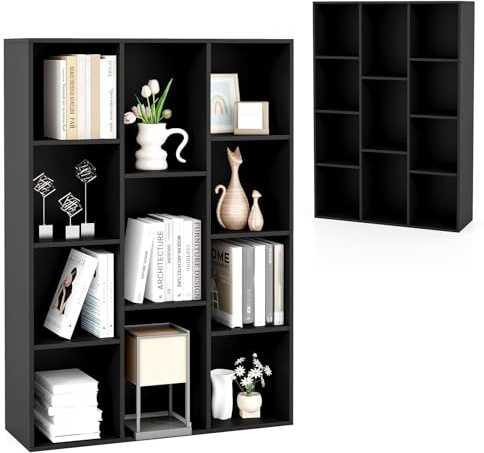 KOMFOTTEU Offenes Bücherregal mit 11 Fächern, Würfelregal Bücherschrank freistehend, Standregal Büroregal Holz Aktenregal 74 x 24 x 106 cm (Schwarz)