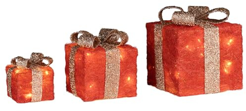 Bambelaa! 3er Led Deko Geschenke Leucht Boxen Timer Weihnachts Dekoration Weihnachtsdeko Beleuchtet Deko (Rot-Gold)