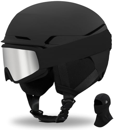 Casco da Sci Kit con Occhiali da Sci Passamontagna Casco Sci per Uomo Donna con Cuscinetti Auricolari Rimovibili UV Regolabile Ski Helmet (Nero Opaco+Maschera da sci+Passamontagna, M)