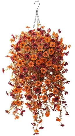 Zorkkra 70cm Autumn Hanging Basket UV-Resistant Fake Flowers, Autumn Artificial Hanging Flowers Decorations, Indoor Outdoor Autumn Decor for Home Garden Thanksgiving (A)