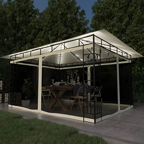 Pavillon mit Moskitonetz & LED-Lichterkette, 4x3m Gartenpavillon aus Stahl, Cremeweiß, für Terrasse und Outdoor-Aktivitäten