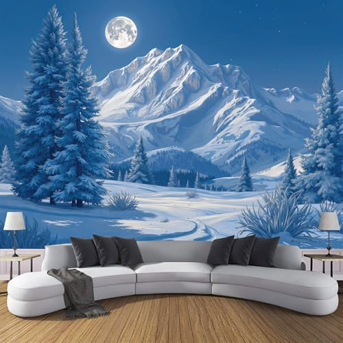 Papel Pintado De Mural Seda Pinos De Montaña Nevados Iluminados Por La Luna, Fotomurales Paisaje Invernal Natural 150x105cm, Decoración De La Pared Murales Para Salón Dormitorio Habitación