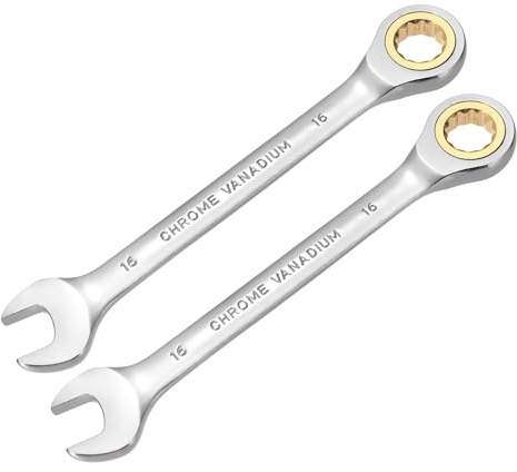 QUARKZMAN 2 Piezas Llave De Combinación Con Trinquete 16mm Métrica 12 Puntos CR-V Acero Cromado Alargada Doble Caja Abierto Llaves De Trinquete Con Engranaje De 72 Dientes Y 5° Para